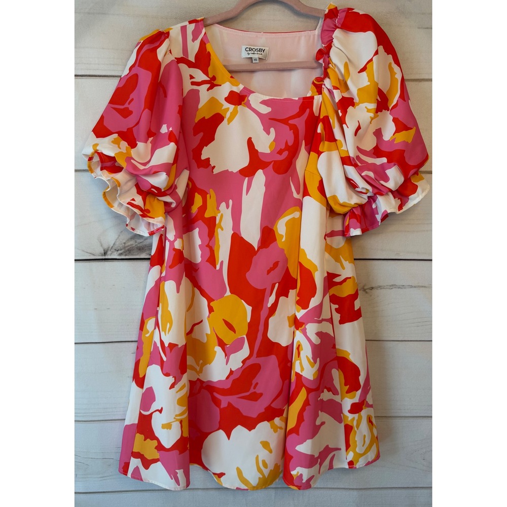 Crosby by Mollie Burch Pink Orange Floral Puff Sleeve Mini Dress XS